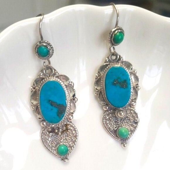 Vintage Sterling Silver Turquoise Boho Western Tribal Exotic Drop Earrings - Picture 1 of 9